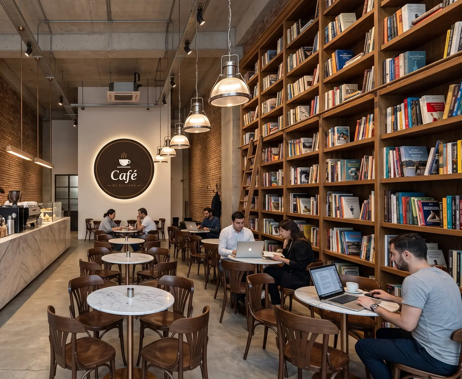 Guests reading and working at marble tables in front of a floor-to-ceiling wall of books, with the illuminated Café by Suviara logo on the back wall